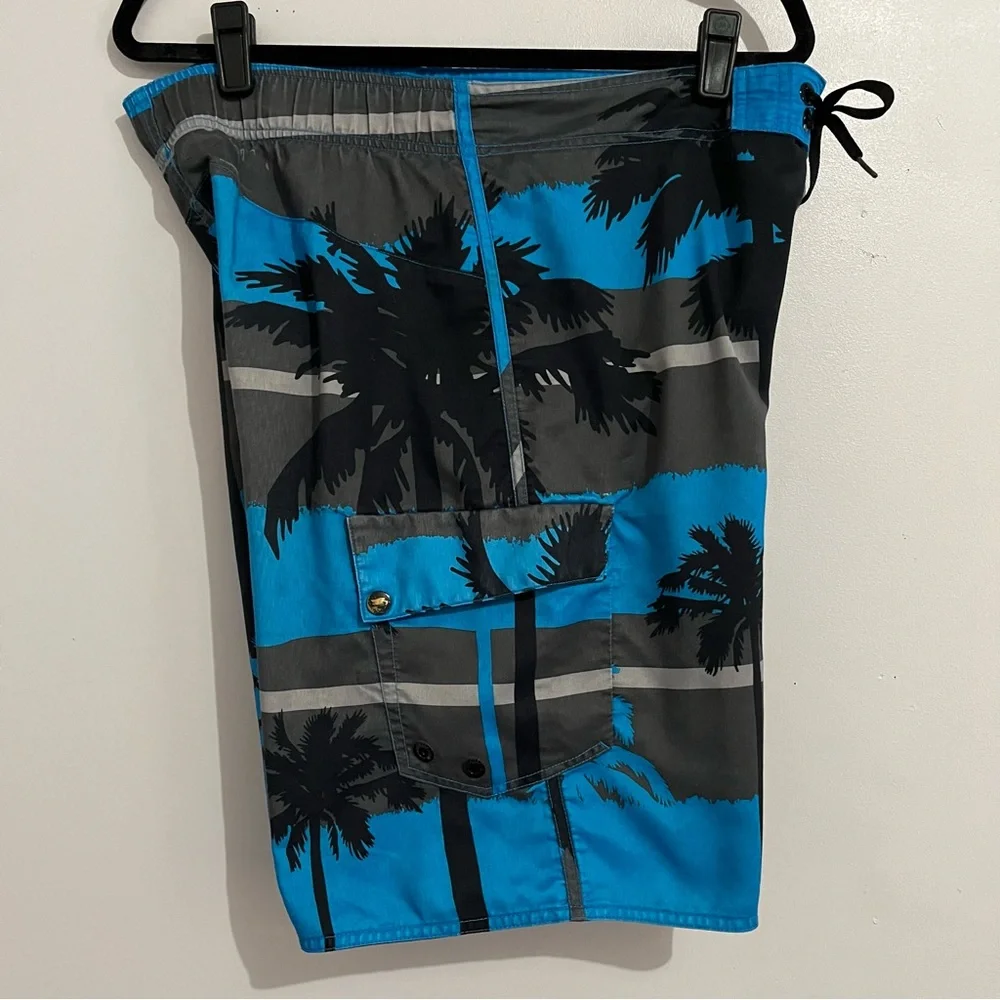 Tony Hawk Blue and Black Board Shorts with Palm Tree Design Medium swim trunks